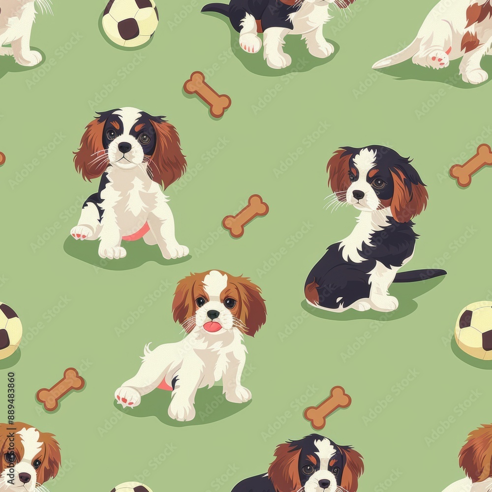 Happy Puppies Playing with Bones and Balls on Vibrant Green Background Happy Puppies Playing with Bones and Balls on Vibrant Green Background