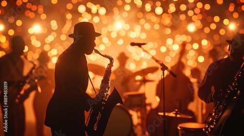 Silhouetted jazz band performing live with saxophones and drums, glowing bokeh lights in the background creating a magical ambiance.