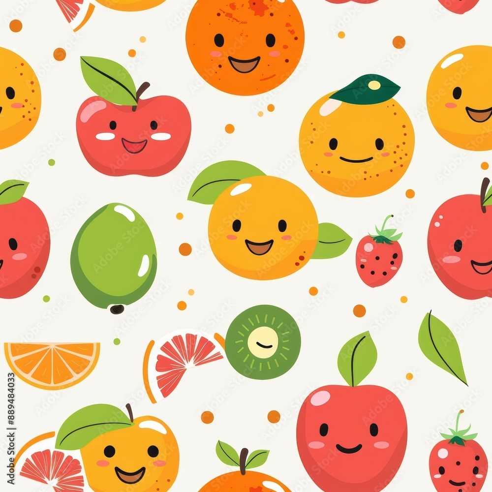 Happy Fruit Friends: Cheerful Apple and Orange Characters with Smiling Faces Happy Fruit Friends: Cheerful Apple and Orange Characters with Smiling Faces
