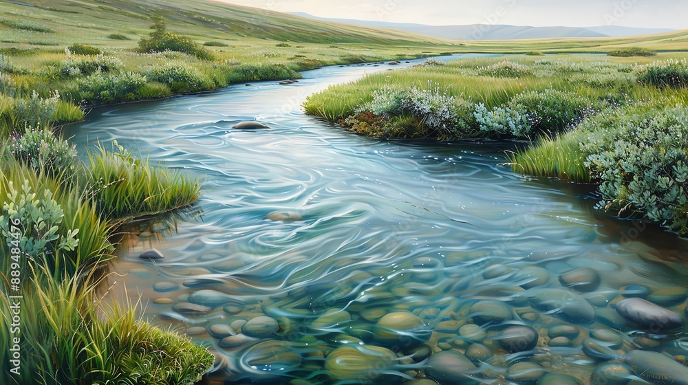 A serene river flowing through a lush green meadow with clear water and pebbles visible at the bottom, creating a tranquil and picturesque landscape. A serene river flowing through a lush green meadow with clear water and pebbles visible at the bottom, creating a tranquil and picturesque landscape.