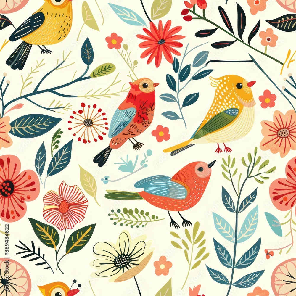 Vibrant Spring Scene with Cheerful Birds and Colorful Flowers in a Lush Garden Vibrant Spring Scene with Cheerful Birds and Colorful Flowers in a Lush Garden