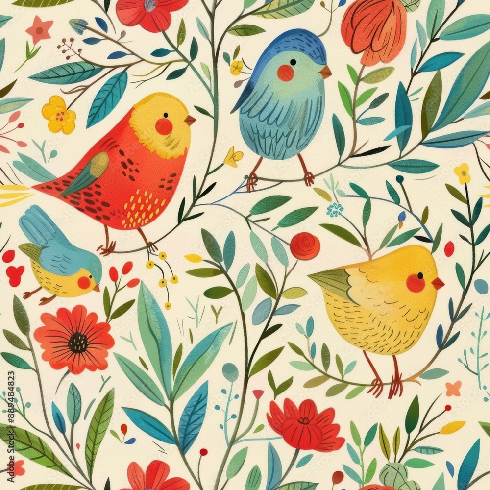 Vibrant Spring Garden Delight with Cheerful Birds and Blooming Flowers Vibrant Spring Garden Delight with Cheerful Birds and Blooming Flowers