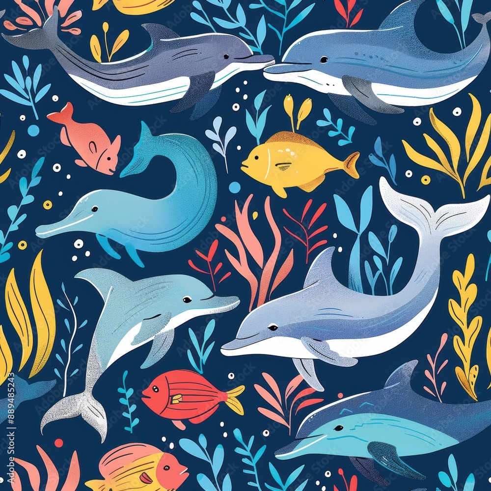 Obraz premium Playful Dolphins and Colorful Fish Swimming in a Vibrant Aquarium Setting