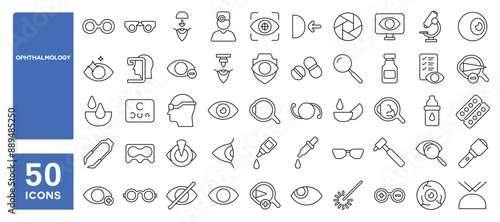 Set of 50 line icons related to ophthalmology, lenses, eye, iris, ophthalmologist, laser, surgery, Editable stroke. Vector illustration