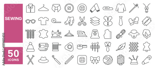 Set of 50 line icons related to sewing, textile, knitting, needles, clothes hanger, fabric, clothing, Editable stroke. Vector illustration