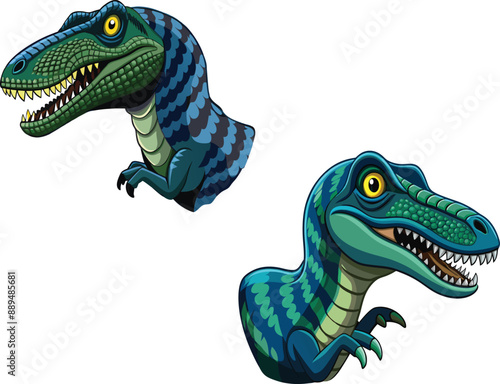 Two blue velociraptors baring teeth and showing claws