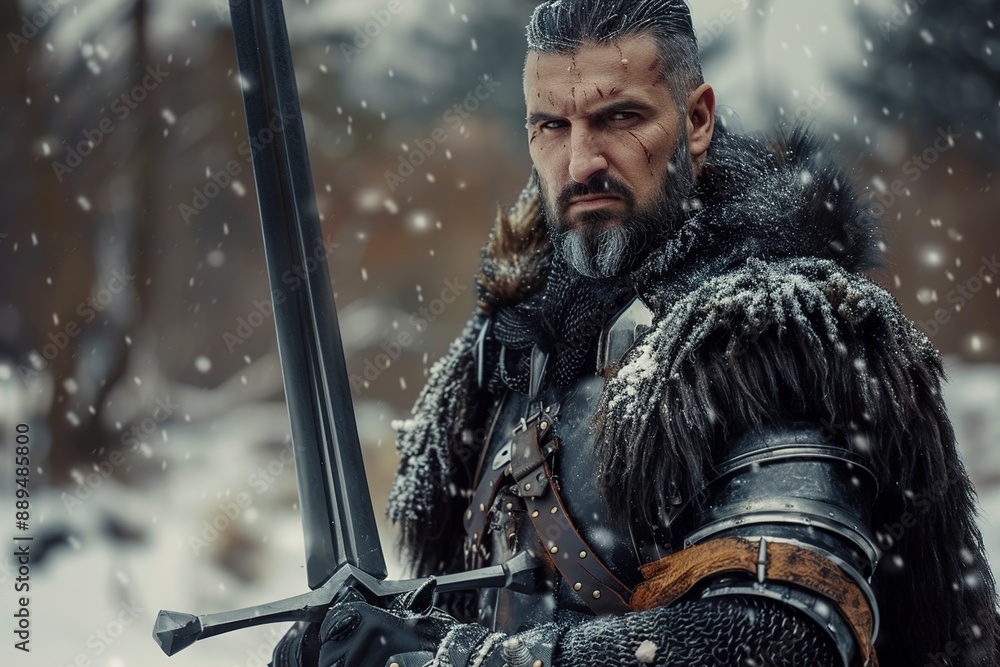Scenic portrait of a brave medieval warrior in armor Scenic portrait of a brave medieval warrior in armor