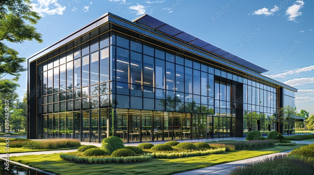 Sustainable Eco-Friendly Office Building with Solar Panels and Green Landscaping under Clear Blue Sky for Environmental Concepts. Sustainable Eco-Friendly Office Building with Solar Panels and Green Landscaping under Clear Blue Sky for Environmental Concepts.