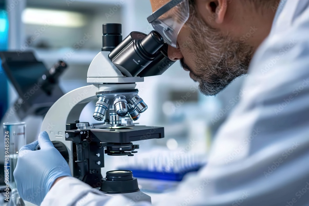 Scientist working with microscope in laboratory Scientist working with microscope in laboratory
