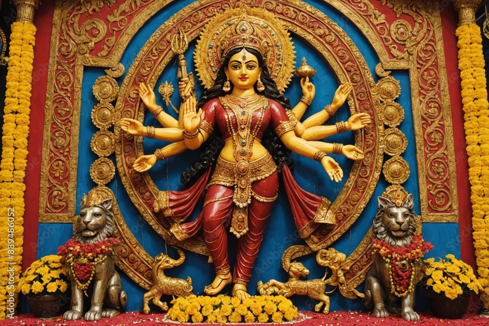 Goddess Durga idol at decorated Navratri festival pandal.
