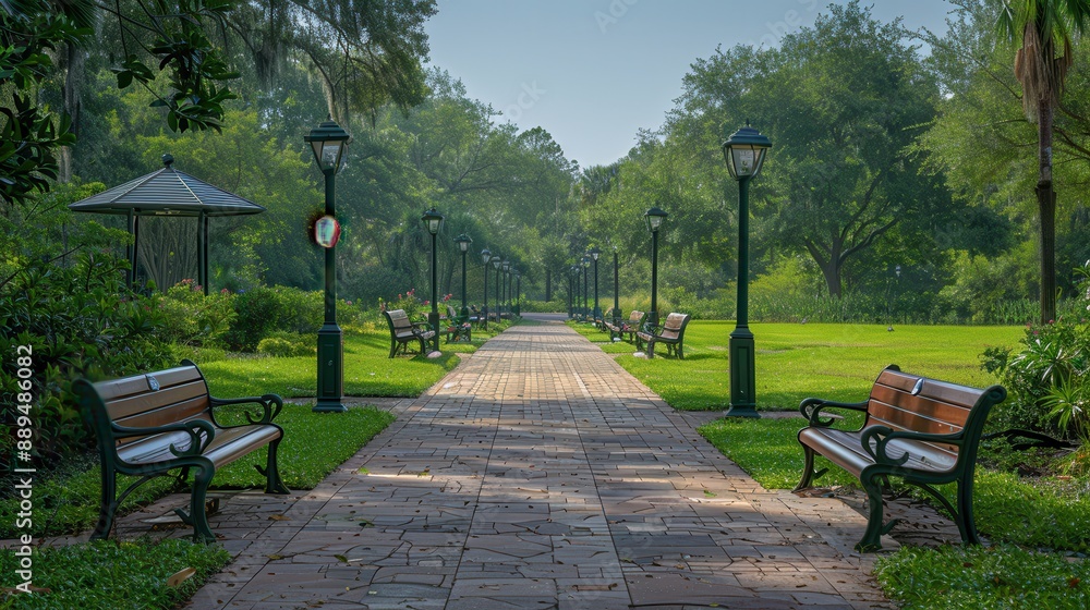 Modern City Park with Smart Benches and Solar Lights for Relaxation and Technology Integration Modern City Park with Smart Benches and Solar Lights for Relaxation and Technology Integration