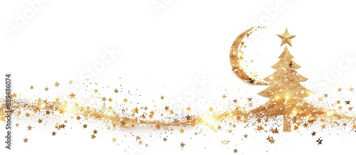 Gold star shaped sequins create a Christmas tree, moon, and starry sky on a white backdrop with copy space image.