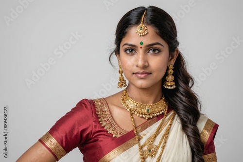 Portrait of a pretty young Indian girl wearing a traditional Indian saree, gold jewellery, and bangles standing in front of a white background. Maa Durga agomoni shoot concept. photo