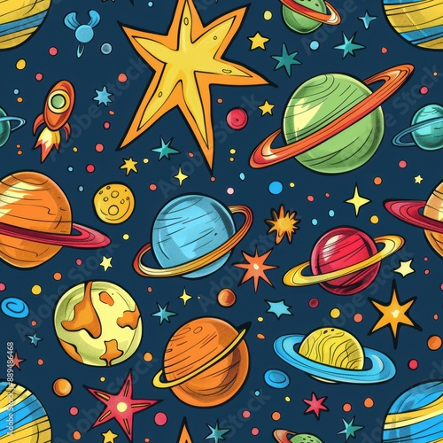 Galactic Adventures: Colorful Cartoon Stars and Planets in Outer Space