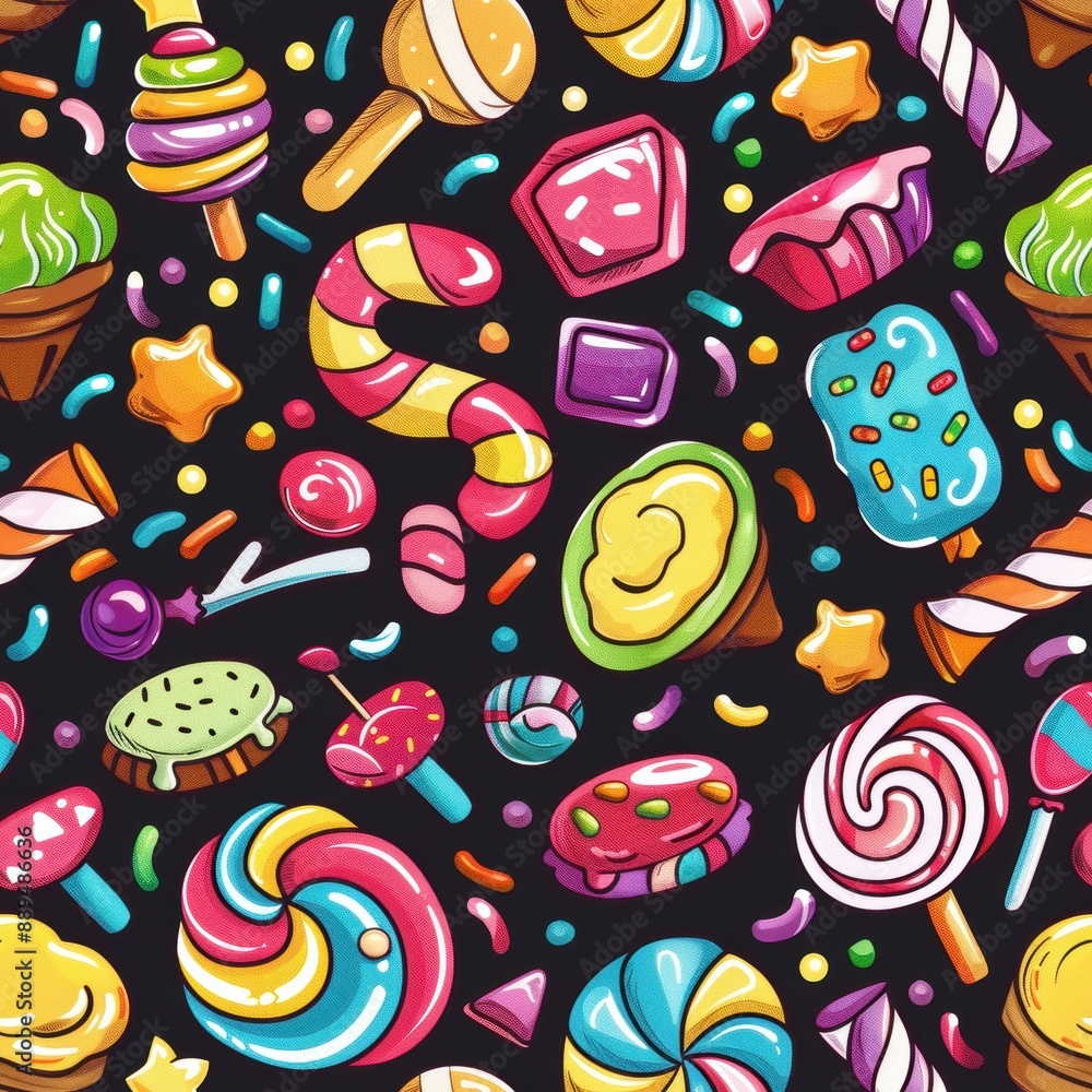 Naklejka premium Sweet Delights: Playful Cartoon-Style Candy and Sweets Illustration for Joyful Design Concepts