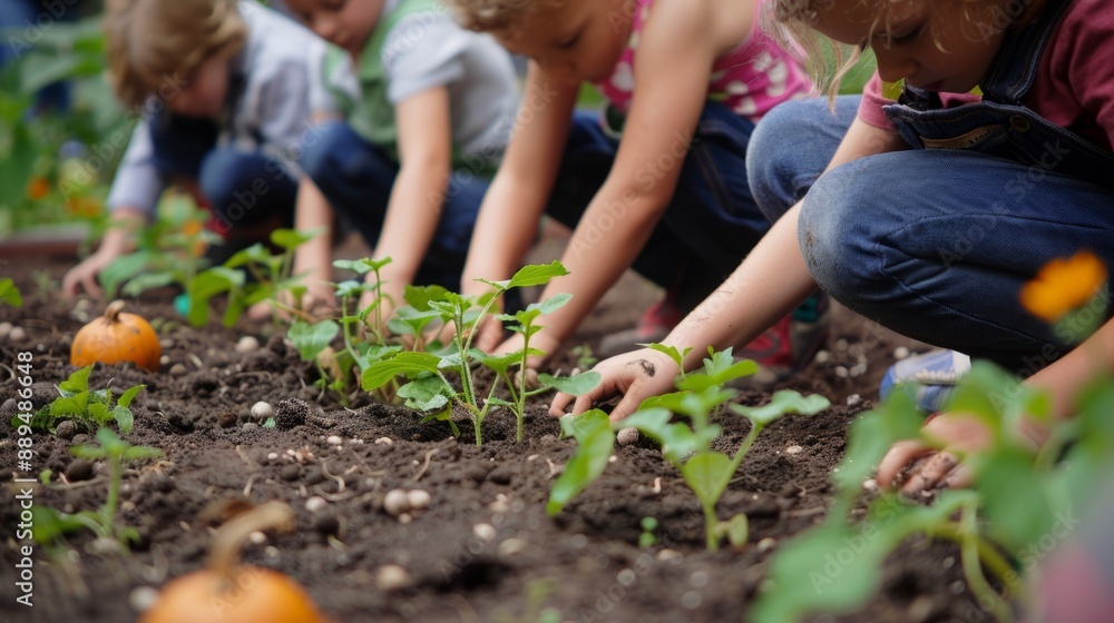 pumpkin seeds in a school garden, with children watching and learning generative ai