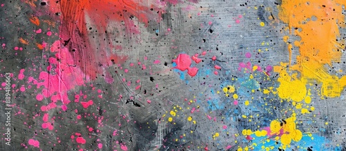 Old concrete floor with colorful paint stains creates an abstract, grungy background with dry paint drops, suitable for copy space image.