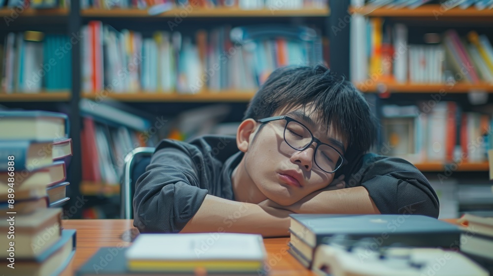 Exhausted young Asian office worker sleeping at desk with books, laptop, and glasses
Exhausted young Asian office worker sleeping at desk with books, laptop, and glasses