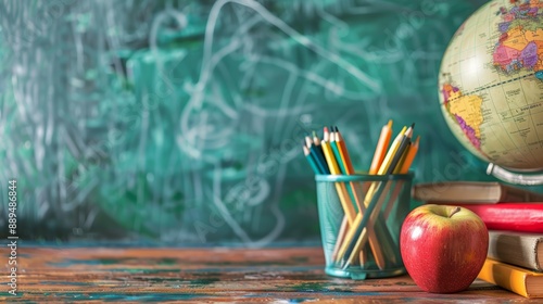 Traditional Classroom Setting with School Supplies, Green Chalkboard, Globe, Books, and Pencils in Close-up
