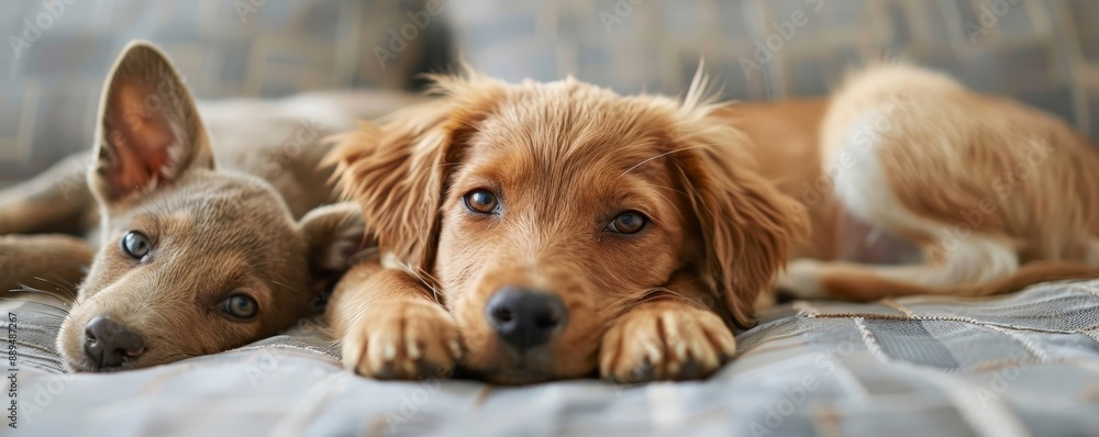 Two adorable puppies lying on a cozy couch, looking directly at the camera with relaxed expressions. Perfect for pet and animal themes. Two adorable puppies lying on a cozy couch, looking directly at the camera with relaxed expressions. Perfect for pet and animal themes.