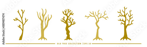 Set of five vector illustrations of bare trees with brown silhouettes on a white background.