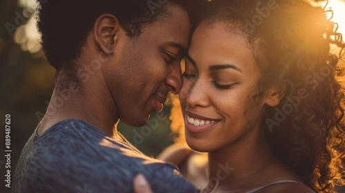 A romantic couple embraces each other with smiles in the soft golden sunset glow, capturing a loving and intimate moment.