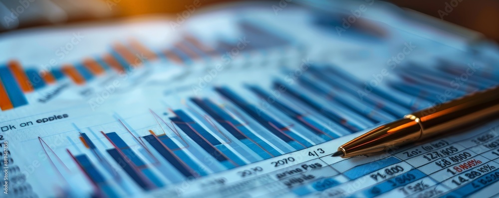 Close-up of financial graph and chart with pen, representing business analysis, data management, and investment evaluation.