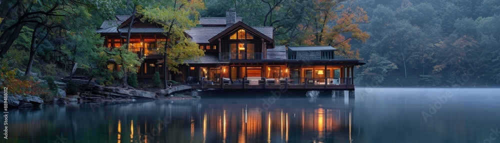 Fototapeta premium Cozy lakeside cabin with warm lights reflecting on a serene lake surrounded by lush forest in autumn evening.