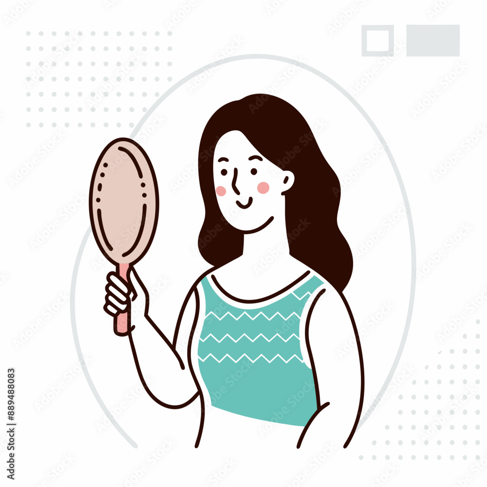 Happy Woman Holding Mirror in Simple Flat Illustration Style Happy Woman Holding Mirror in Simple Flat Illustration Style