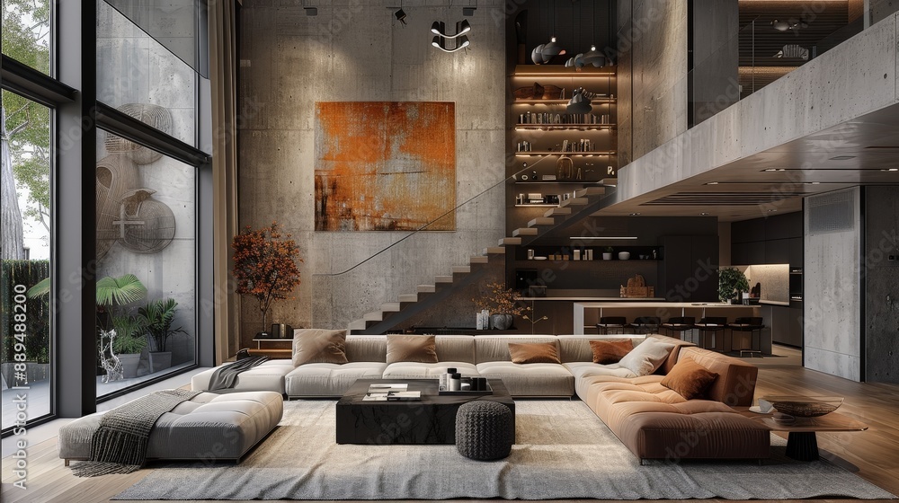 Modern, spacious living room with large windows, cozy seating, minimalist decor, open kitchen, art on the wall, and warm lighting. Modern, spacious living room with large windows, cozy seating, minimalist decor, open kitchen, art on the wall, and warm lighting.