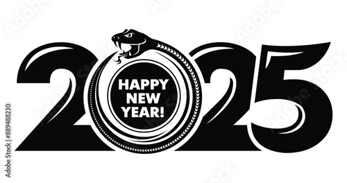 2025 Snake logo design. Chinese New Year 2025. The snake eats its own tail with number 2025. Ouroboros sign. Monochrome editable vector on transparent background