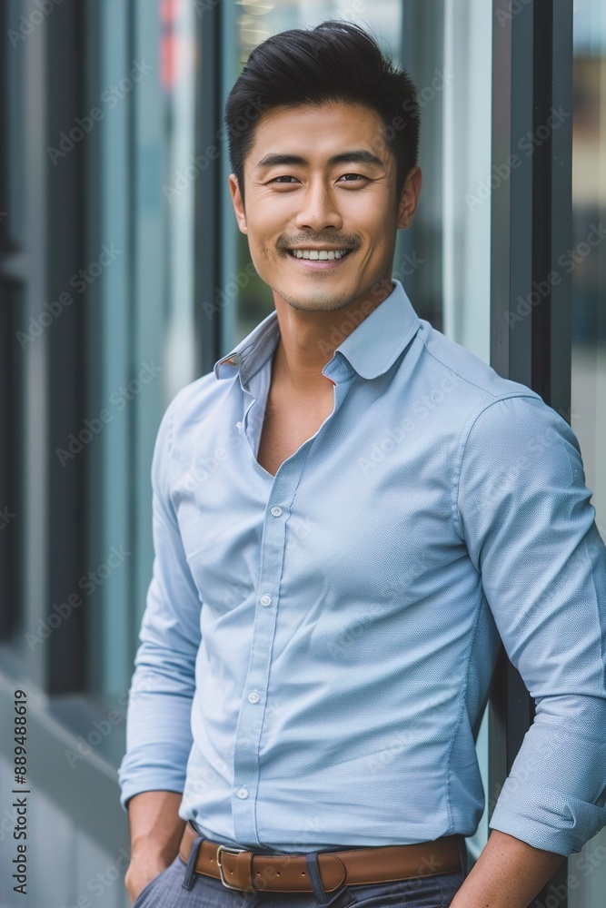 Smart Asian Businessman in Casual Dress Looking at Came Smart Asian Businessman in Casual Dress Looking at Came