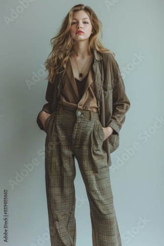 30 A stylish model in trendy wear standing with confidence, full body, simple solid background, studio lighting, a minimalist composition,