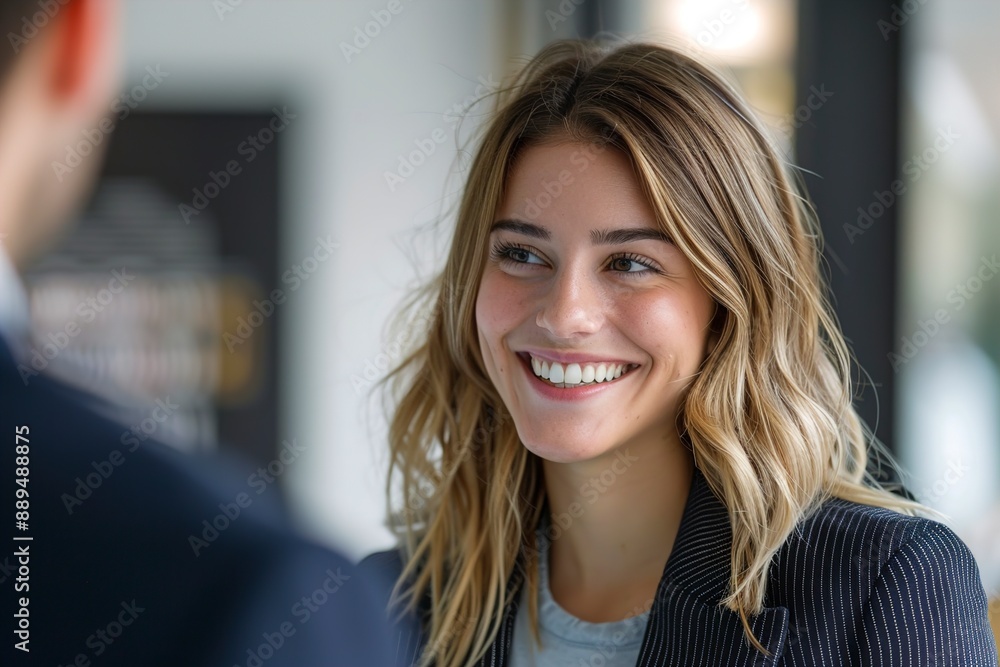 Smiling businesswoman talking to businessman Smiling businesswoman talking to businessman