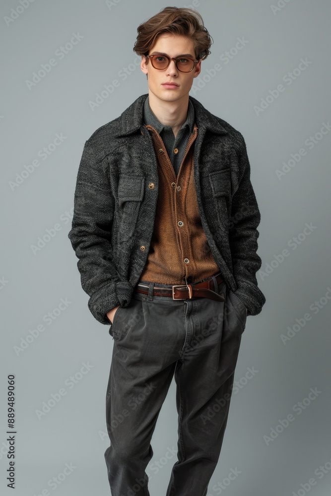 Obraz premium 37 A fashionable male model in chic clothing posing with confidence, full body, simple solid background, studio lighting, a minimalist composition,