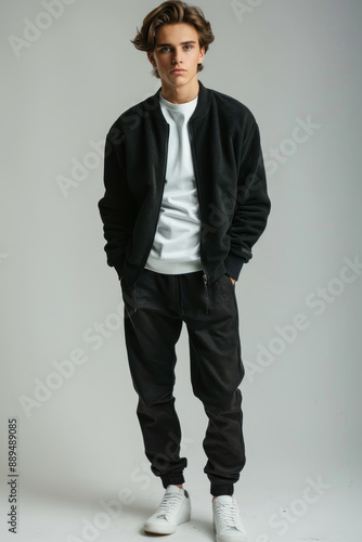 39 A stylish young man in trendy fashion standing stylishly, full body, simple solid background, studio lighting, a minimalist composition,
