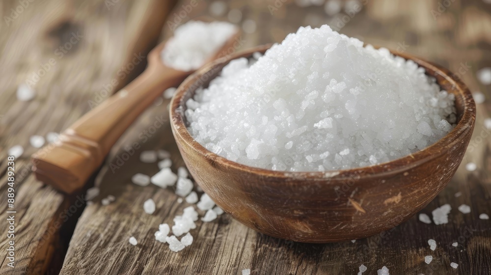 A wooden bowl filled with salt is on a wooden table. A spoon is next to the bowl A wooden bowl filled with salt is on a wooden table. A spoon is next to the bowl