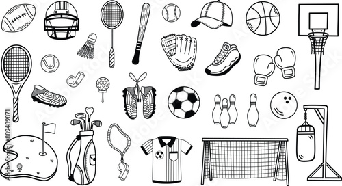 Sports equipment and accessories outline lineart illustration set. For badminton, baseball, basketball, bowling, boxing, football, golf, soccer, and tennis. Hand drawn vector illustrations.