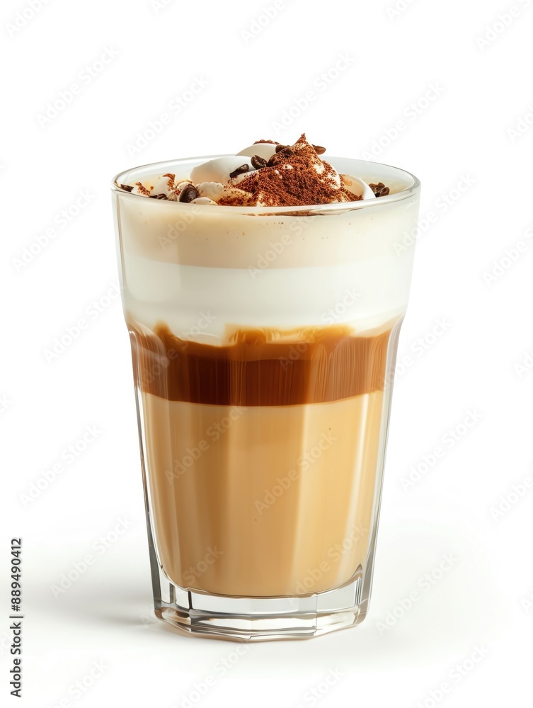 Glass filled with latte milk coffee, isolated white background, studio lighting for focused advertising Glass filled with latte milk coffee, isolated white background, studio lighting for focused advertising