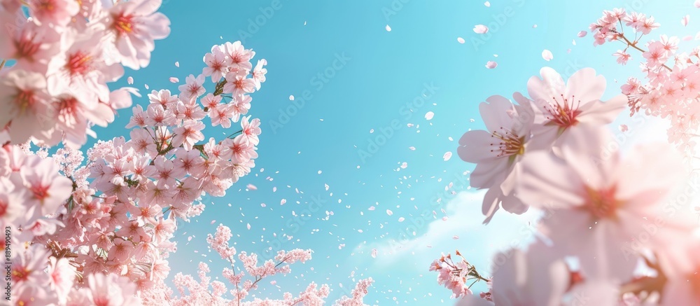 The serene beauty of cherry blossoms against a clear blue sky creates a picturesque scene with a fresh and vibrant appeal. Lovely copy space image! The serene beauty of cherry blossoms against a clear blue sky creates a picturesque scene with a fresh and vibrant appeal. Lovely copy space image!