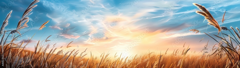 Fototapeta premium Beautiful sunset over a golden wheat field with vibrant sky, capturing the serene essence of nature in a rural landscape.