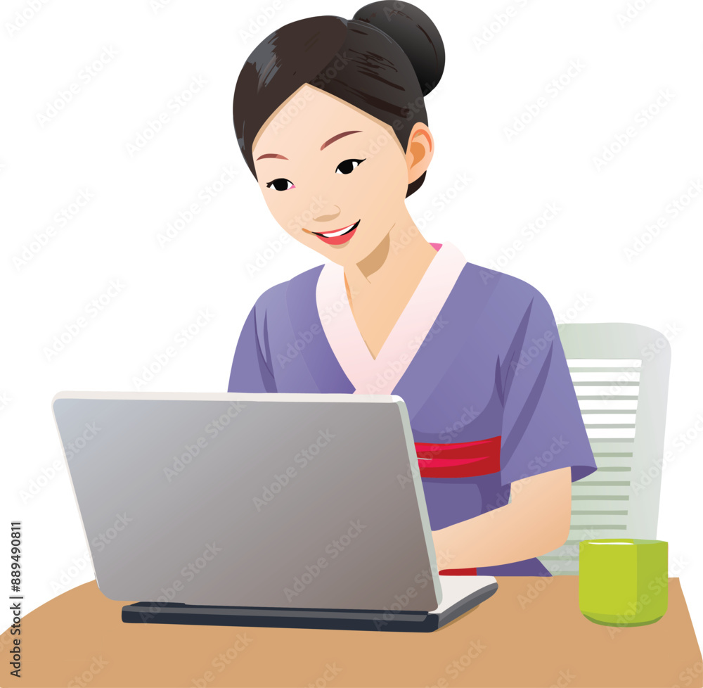 Smiling asian woman in traditional dress working on laptop at desk Smiling asian woman in traditional dress working on laptop at desk