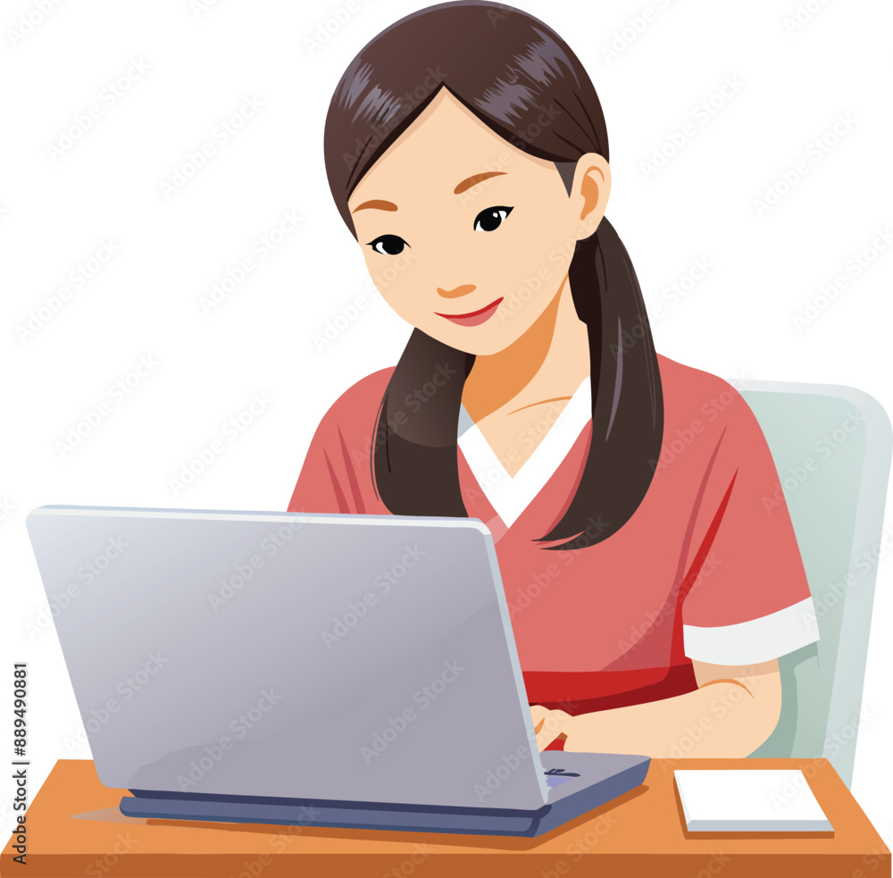 Smiling asian woman in traditional dress working on laptop at desk Smiling asian woman in traditional dress working on laptop at desk