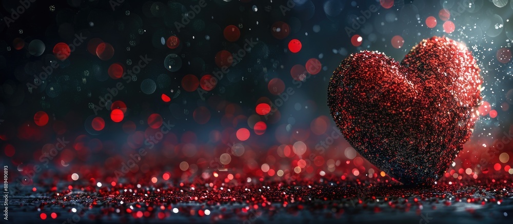 In the upper left corner of the black background, there is a red heart with glitter details, leaving space for text on the right side of the copy space image. In the upper left corner of the black background, there is a red heart with glitter details, leaving space for text on the right side of the copy space image.