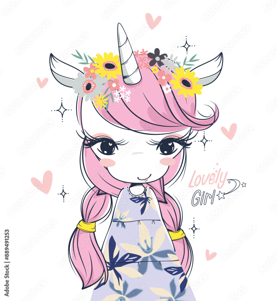 Beautiful little unicorn girl with pigtails in flower dress isolated on white background illustration vector. Beautiful little unicorn girl with pigtails in flower dress isolated on white background illustration vector.