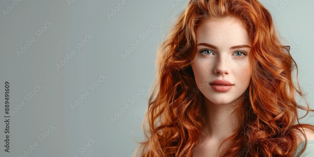 In the portrait, a mesmerizing redhaired woman with wavy hair and natural makeup radiates elegance and confidence in a modern, aesthetic photography style, showcasing beauty and allure In the portrait, a mesmerizing redhaired woman with wavy hair and natural makeup radiates elegance and confidence in a modern, aesthetic photography style, showcasing beauty and allure