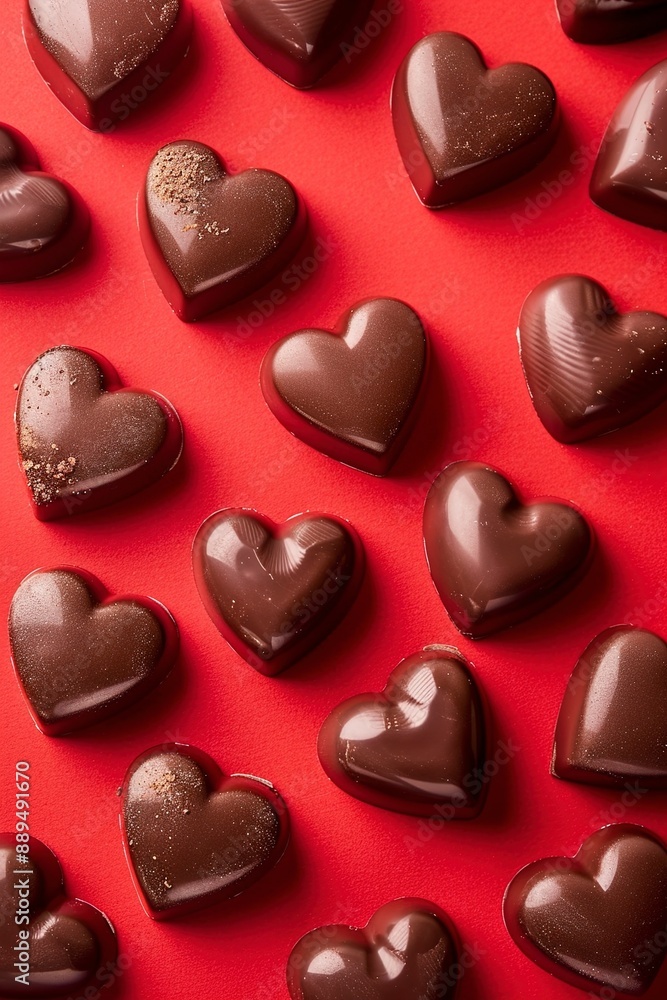 Tasty chocolate heart shaped candies on red background Tasty chocolate heart shaped candies on red background