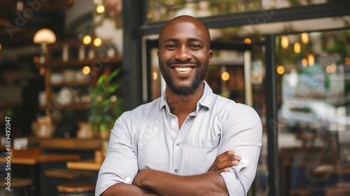 adult successful african american man stand in front of his restaurant © Miljan Živković