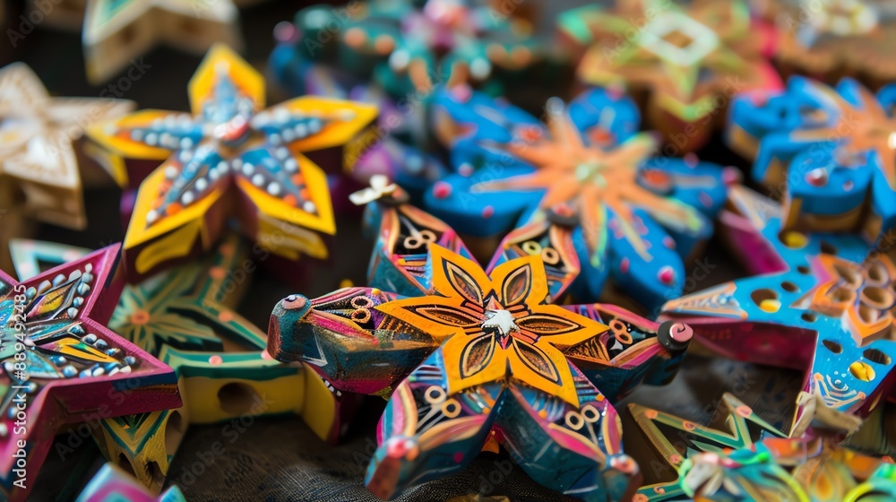 Close-up of colorful, intricately designed wooden stars, showcasing vibrant patterns and artistic craftsmanship in a festive setting. Close-up of colorful, intricately designed wooden stars, showcasing vibrant patterns and artistic craftsmanship in a festive setting.