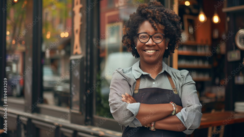 adult successful african american woman stand in front of her restaurant adult successful african american woman stand in front of her restaurant